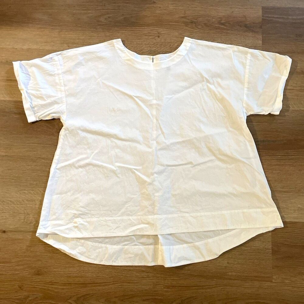 Eileen Fisher White Organic Cotton Stretch Lawn Boxy Blouse Top XL Keyhole Back